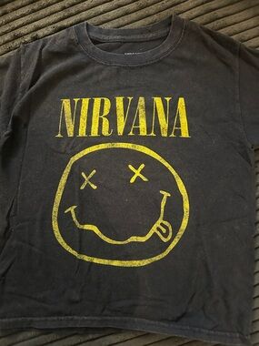 NIRVANA Black Kids Tee with Yellow Smiley Logo kids size 6